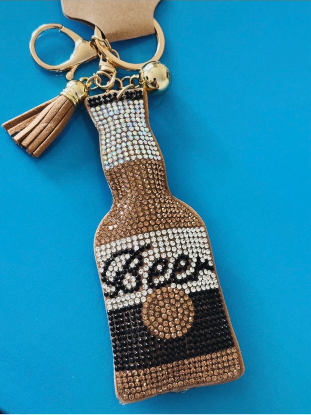 Beer Brown Rhinestone Bottle Keychain with Tassel